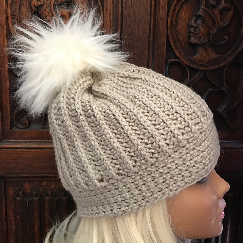 Beige Crochet Slouchy Hat with Faux Fur Pompom